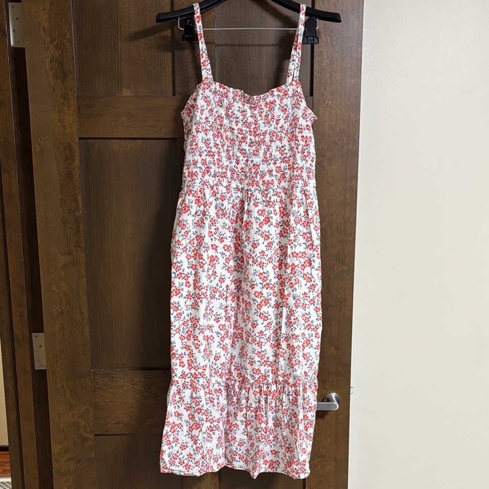 GAP Smocked Midi Tank Dress Floral Square Neckline Red and White Size Large - Picture 2 of 6